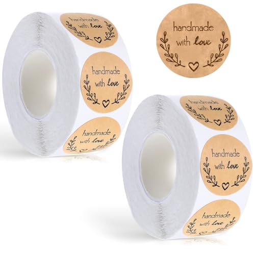 1000 STK (2.5cm pro Stück) Kraft Selbstgemacht mit Liebe Aufkleber, Handmade with Love Aufkleber Sticker, Handgemachte Aufkleber Label, Geschenkaufkleber, Runde Backaufkleber Kraft in 2 Rollen von Psyqtsuary