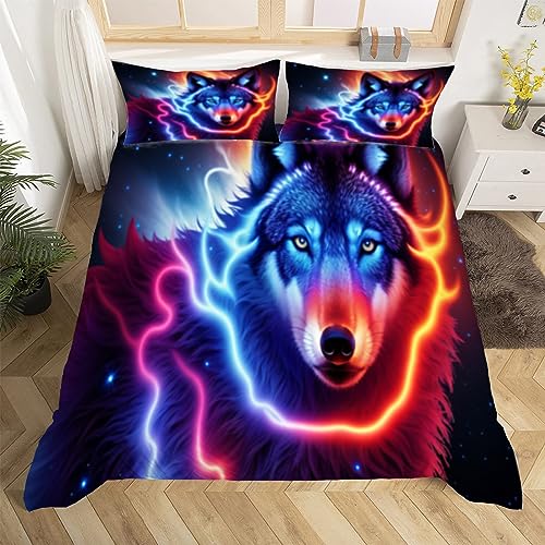 3D Bunter Wolf Bettwäsche 220x240 Cartoon Tier Thema Weiche Microfaser Bettwäsche-Sets Bettbezug mit Reißverschluss und 2 Kissenbezug 80x80 cm von Ptcta