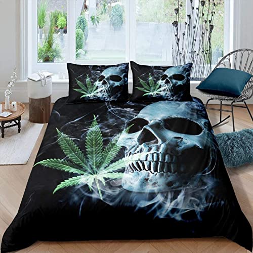 3D Cannabis Blatt Bettwäsche 155x220 Skull Weiche Microfaser Bettwäsche-Sets Erwachsener Bettbezug mit Reißverschluss und 2 Kissenbezug 80x80 cm von Ptcta