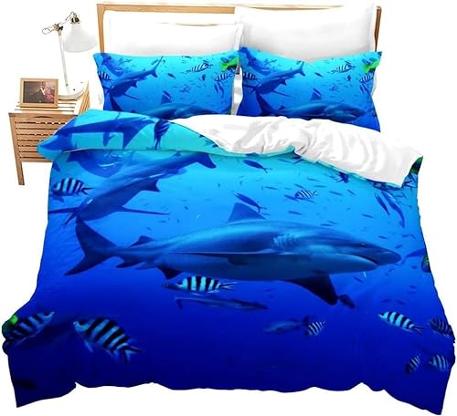 3D Hai Karikatur Bettwäsche 135x200 Meerestier Weiche Microfaser Bettwäsche-Sets Bettbezug mit Reißverschluss und 2 Kissenbezug 80x80 cm von Ptcta
