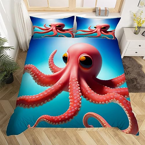 3D Karikatur Tintenfisch Bettwäsche 135x200 Kind Weiche Microfaser Bettwäsche-Sets 3 Teilig Bettbezug Set mit Reißverschluss Bettbezüge und 2 Kissenbezug 80x80 cm von Ptcta