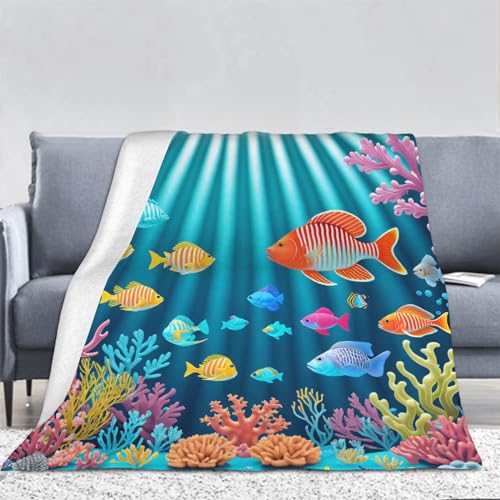 3D Korallen und Fische Kuscheldecke Flauschig Flanell Cartoons Decken Wohndecke Flanelldecke Sofadecke Couchdecke Geschenke für Kinder Erwachsener Decke 150x200cm von Ptcta