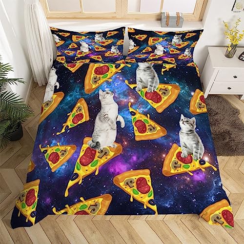 3D Süße Katze Bettwäsche 135x200 Pizza Weiche Microfaser Bettwäsche-Sets Bettbezug mit Reißverschluss und 2 Kissenbezug 80x80 cm von Ptcta