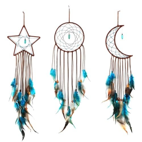 Ptdfjspt 3-Teiliges -Set-Kit mit Licht, Mond- und Sterndesign, Handgefertigt mit Federn, Glückbringendem Türkisanhänger und Perlen-Wandanhänger-Set-Kit. von Ptdfjspt