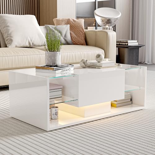 Ptueer Couchtisch mit LED, rechteckiger Wohnzimmertisch mit 1 Schublade und Glasfach, Kaffeetische für Wohnzimmer, modern, hohe Beleuchtung, 100 x 50 x 35 cm (Weiß, 104 cm) von Ptueer