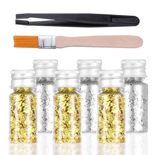 6 Flaschen Gebäck Blattgold Flocken Multifunktion Goldfolie Flocken Dessert Kuchengoldflocken Backen Blattgold Blätter Flockens Dekoration Nägel Backgoldfolienblätter für Kuchen mit Pinzette Pinsel von Ptwola