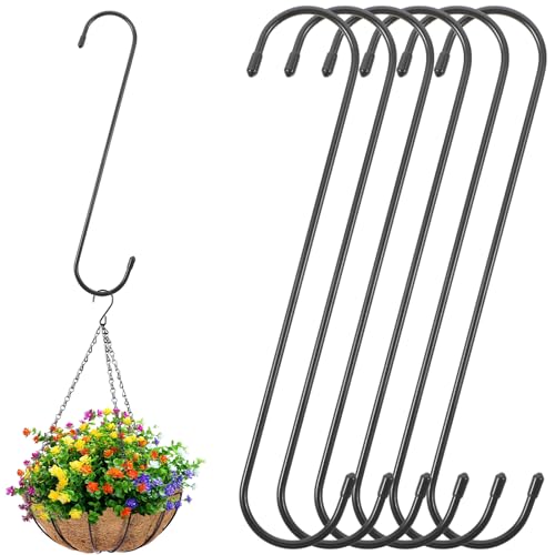6Stück 30cm Extra lange S Haken Hängende Korbhaken Schwarz Heavy Duty Haken S-förmige Pflanzenhaken im Freien Verlängerung Haken für hängende Pflanze Haken Schrank Blume Korb Garten Kleiderschränke von Ptwola