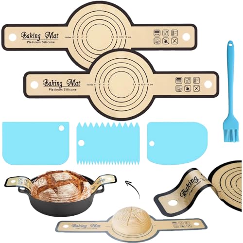 Ptyism 2 Stück Runde Silikon Backmatte (Mit 3 Teigschaber e 1 Gewürzpinsel) Brotbackmatte丨Silikon-Brotschlinge, Dutch Oven Brotschlinge, Wiederverwendbare Brotbackmatte Mit Langem Stiel von Ptyism