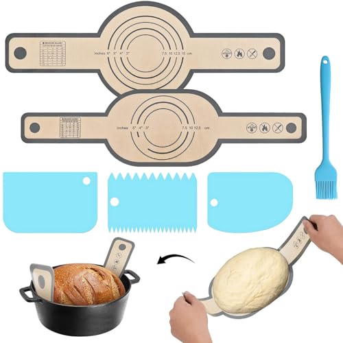 Ptyism 2 Stück Silikon Backmatte (Mit 3 Teigschaber e 1 Gewürzpinsel) Brotbackmatte丨Silikon-Brotschlinge, Dutch Oven Brotschlinge, Wiederverwendbare Brotbackmatte Mit Langem Stiel von Ptyism