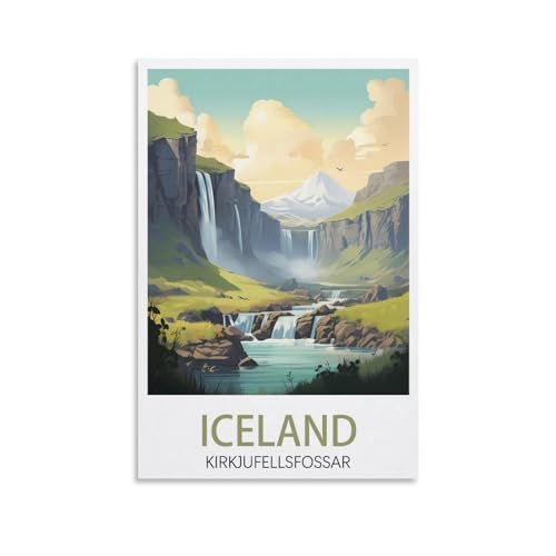 PuPLuM Island Kirkjufellsfoss Wasserfall Vintage Reiseposter Landschaft 40 x 60 cm Leinwand Wandkunst Poster für Wohnzimmer Dekor Gemälde für Heimdekoration von PuPLuM