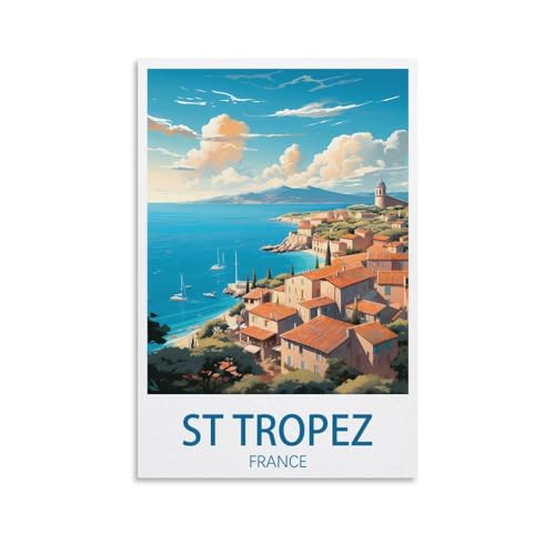 PuPLuM St. Tropez Frankreich, Vintage-Reiseposter, Querformat, 30 x 45 cm, Leinwand-Kunst-Poster für Wohnzimmer, Dekoration, Gemälde für Heimdekoration von PuPLuM