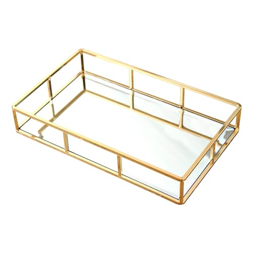 PuTwo Spiegeltablett, Vintage Spiegel Tablett Metall Tablett Platte Verspiegelt Deko Rechteckig, Dekotablett als Schminktisch Aufbewahrung - Gold von PuTwo