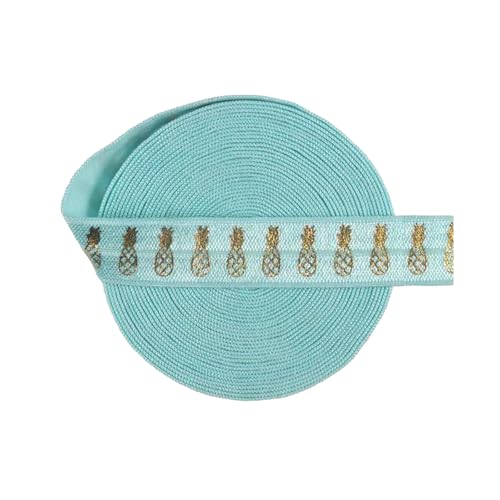 15 mm Gold Lotus Foliendruck Faltgummiband für Stirnband-Nähbesatz, Kleiderdekor,Ananas-Aqua,5 Yards von Puasny