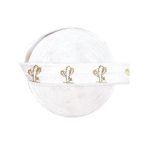 15 mm Gold Lotus Foliendruck Faltgummiband für Stirnband-Nähbesatz, Kleiderdekor,Kaktus-Weiß,50 Yards von Puasny