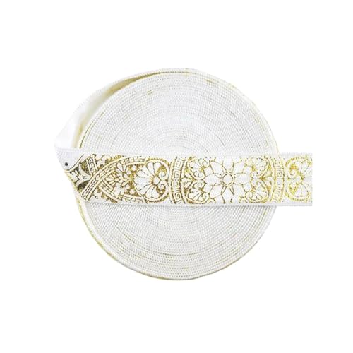 15 mm Gold Lotus Foliendruck Faltgummiband für Stirnband-Nähbesatz, Kleiderdekor,Lotus Vine-Weiß,50 Yards von Puasny