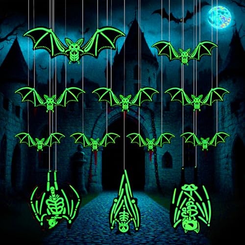 Pubbyuer Halloween Deko Outdoor, 12 Stück Leuchtende Fledermaus Deko - Outdoor PVC wasserdichte Horror Deko für Fenster Wand Baum Hof Rasen Veranda Garten Halloween-Party Dekorations von Pubbyuer