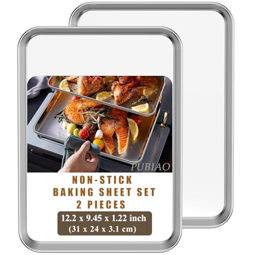 Backblech 2er-Set, Edelstahl Toaster Ofenblech Sets, Backsets mit Rand - Servierpfanne, Ungiftig, Rostfrei, Leicht zu Reinigen und Spülmaschinenfest (31x24x3.1CM) von Pubiao