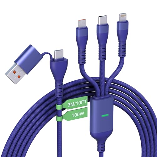 100W USB C Multi Ladekabel 3M/10Ft [Apple MFi Zertifiziert] A/C Auf Langes 3-in-1 Kabel Typ C+Lightning+Micro, 100W Schnellladekabel für Android/iPhone 15/Laptop von Pubiohs