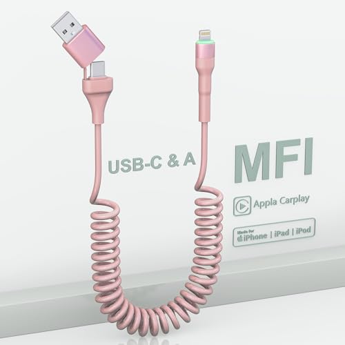 2-in-1 USB & USB C auf Lightning Kabel Spiralkabel für Apple CarPlay, MFi Zertifiziert Ladekabel Schnellladung mit Daten und LED, für iPhone 14 13 12 11 Pro Max Plus Mini SE X XR XS 8 7 6 5, Rosa von Pubiohs