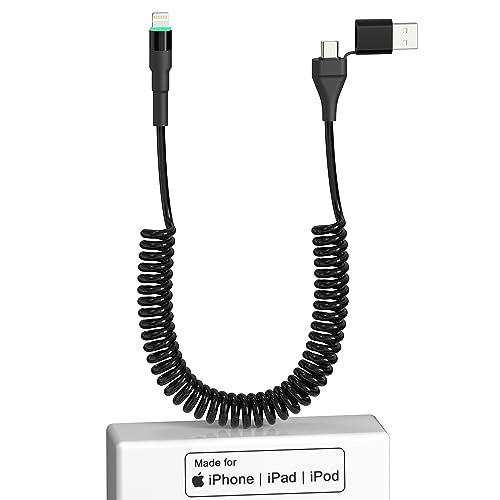 Lightning Spiralkabel, 2-in-1 Apple Carplay Kabel [Mfi Certified], USB A/USB C auf Lightning Kabel kurz mit Datenübertragung und LED, Kurzes iPhone Kabel für iPhone/Pad/Pod von Pubiohs
