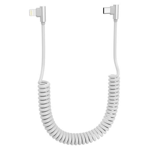 Spiralkabel USB C auf Lightning Kabel, 90° Stecker Kurz iPhone Ladekabe [MFi zertifiziert] Auto Apple Carplay Kabel mit Datenübertragung, für iPhone14/ 13/12/ 11/ Pro/X/XS/XR/ 8/ iPad, Weiß von Pubiohs