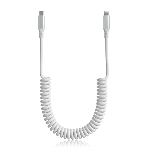 Spiralkabel USB C auf Light Kabel MFi Zertifiziert für iPhone/iPad/iPod/Apple CarPlay, PD 27W Schnellladung mit Datenübertragung USB-C iPhone Ladekabel Kurz Einziehbar, Weiß von Pubiohs