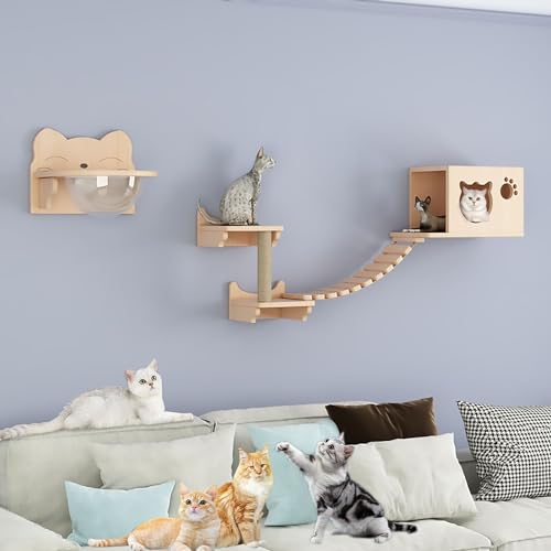An der Wand Montierte Katzen-wandmöbel aus Massivholz, Katzen-wandregale und Sitzstangen-Set, Platzsparend, (Size:Style4) von Pucaru