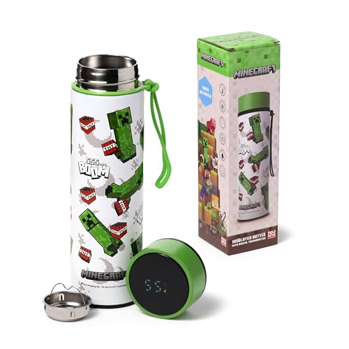 Puckator Creeper & TNT Thermoflasche aus Stahl mit LED-Thermometer – Minecraft Trinkflasche 450 ml – Doppelwandiges Design von Puckator