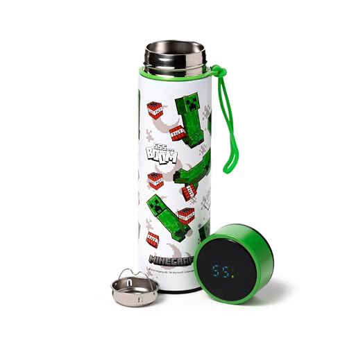 Puckator Creeper & TNT Thermoflasche aus Stahl mit LED-Thermometer – Minecraft Trinkflasche 450 ml – Doppelwandiges Design von Puckator
