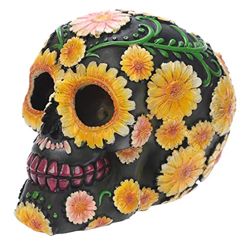 Puckator Day of The Dead Totenkopf mit Blumenmuster, Polyresin, Gelb/Grün/Pink/Schwarz, 15 x 10,5 x 11,5 cm, Kunstharz, Mehrfarbig, 11,5 x 10,5 x 15 cm von Puckator