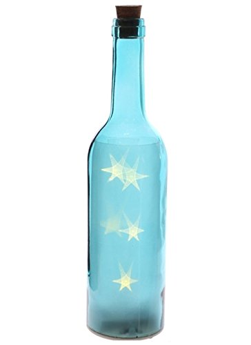 Puckator Farbige Dekoflasche Flasche mit 4 LED, Farbe: blau mit Sternen-Motiv, batteriebetrieben für Fensterbank oder Balkon, sorgt für stimmungsvolles Licht von Puckator