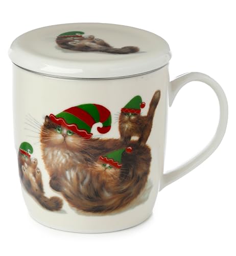 Puckator Kim Haskins Weihnachten Elfenkatzen Tasse aus Porzellan mit Teeei und Deckel von Puckator