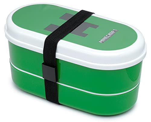 Puckator Minecraft Creeper Gestapelte Bento Box Lunchbox mit Gabel & Löffel Brotdose mit Fächern, Brotzeitbox, Snackbox für Kinder & Erwachsene, ideal für die Schule & Arbeit, Geschenke für Gamer von Puckator