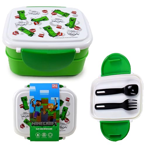 Puckator Minecraft Creeper & TNT Clip-Verschluss Stapelbare Bento Lunch Box mit Besteck von Puckator