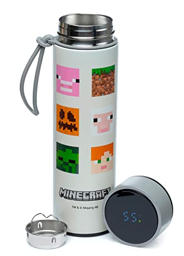 Puckator Minecraft Gesichter wiederverwendbare isolierte Edelstahl Trinkflasche mit Digital Thermometer 450ml Thermosflasche, BPA frei, mit Temperaturanzeige, abnehmbarem Teesieb, Minecraft-Figuren von Puckator