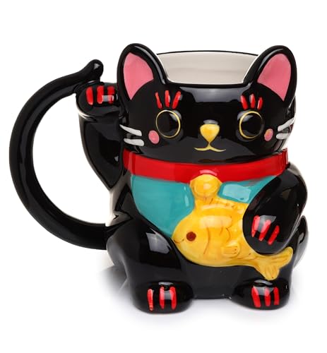 Puckator Schwarze Maneki Neko Glückskatze geformte Tasse aus Dolomit-Keramik von Puckator