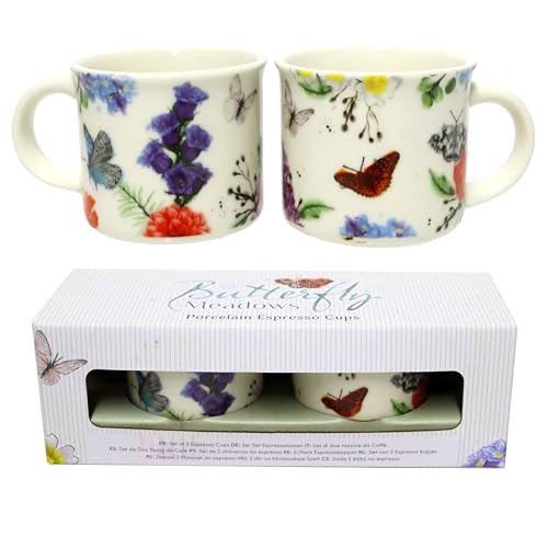 Puckator - Set mit zwei Kaffeetassen aus Porzellan mit Schmetterlingen, Tieren - Original Englisches Design Butterfly Meadows - Espresso Cup von Puckator