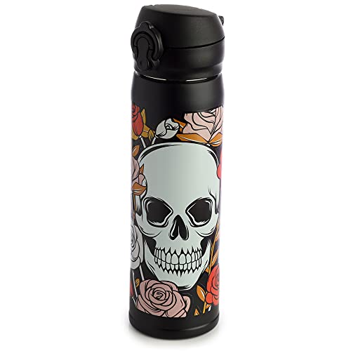 Puckator Skulls & Roses wiederverwendbare isolierte Trinkflasche aus Edelstahl mit Druckknopf 450ml von Puckator