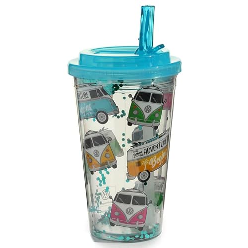 Puckator Volkswagen Bulli VW Bus T1 Surf Adventure Begins doppelwandiger wiederverwendbarer Becher mit Strohhalm & Deckel 500ml von Puckator