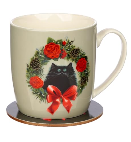 Puckator Weihnachten Kim Haskins Kranz Katze Tasse & Untersetzer Set aus Porzellan von Puckator