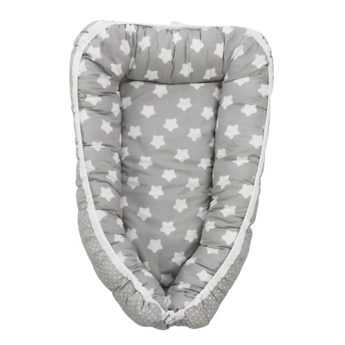 Puckdaddy Babynest Finja - Babynestchen mit Sterne Muster in Grau, multifunktionales Kuschelnest für Babys & Neugeborene, Reisebett für Säuglinge aus 100% Baumwolle von Puckdaddy