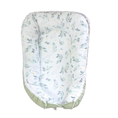 Puckdaddy Flora| Babynest | 105x60cm| Kuschelnest in Grün | Florales Muster | Reisebett & Kuschelplatz für Babys & Neugeborene | 100% Baumwolle | Säuglingsbett für unterwegs | Babynestchen von Puckdaddy