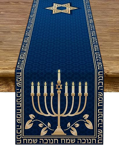 Pudodo Chanukka Tischläufer - Leinen, Lebendiges Muster, Blau, 33 x 275 cm, Ideal für Chanukka-Party & Familie von Pudodo
