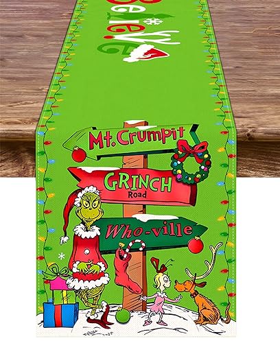Grinchmas Tischläufer Merry Christmas Whoville Winter Urlaub Party Kamin Küche Esszimmer Heimdekoration (Grün, 33 x 183 cm) von Pudodo