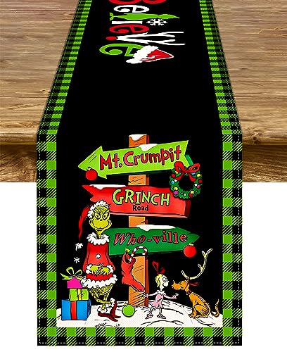 Grinchmas Tischläufer Merry Christmas Whoville Winter Urlaub Party Kamin Küche Esszimmer Heimdekoration (Schwarz und Grün, 33 x 183 cm) von Pudodo