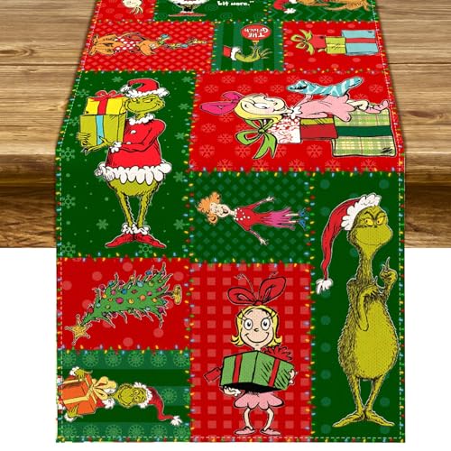 Pudodo Grinchmas Tischläufer Whoville Merry Christmas Winter Urlaub Party Dekoration Küche Kamin Esszimmer Heimdekoration (33 x 183 cm) von Pudodo