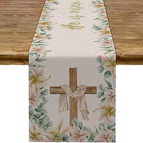 Pudodo He is Risen Tischläufer Ostern Christliches Kreuz Lilie Blumen Frühling religiöse Feiertag Party Küche Esszimmer Heimdekoration von Pudodo