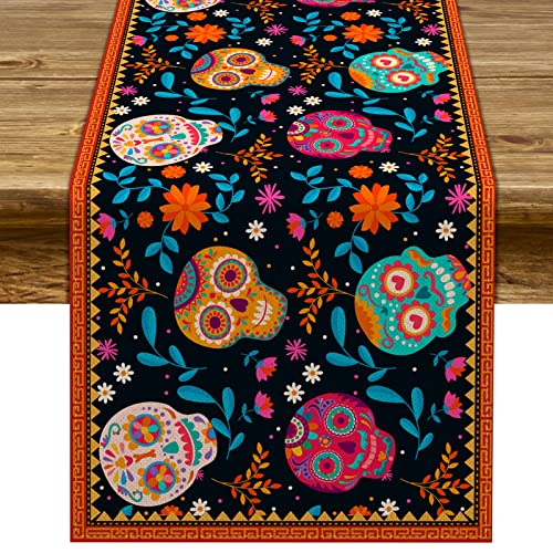 Pudodo Tag der Toten Tischläufer Dia De Los Muertos Sugar Skull Mexiko Urlaub Party Küche Esszimmer Zuhause Tischdekorationen (33 x 182,9 cm) von Pudodo