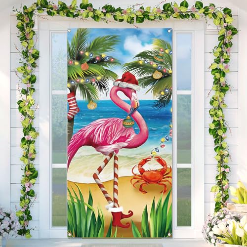 Sommer-Weihnachts-Türabdeckung, tropischer Flamingo, Juli, Strand, Motto-Party, Türbanner für Fotografie, Zuhause, Veranda, Dekoration von Pudodo