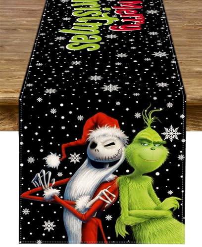 Tischläufer mit Aufschrift "Merry Christmas", Grinchmas, The Nightmare Before Christmas, Urlaub, Party, Kamin, Küche, Esszimmer, Heimdekoration (Schwarz, 33 x 183 cm) von Pudodo